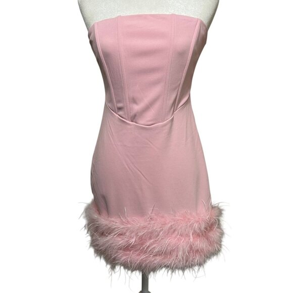Lulus Fabulous Delight Light Pink Strapless Bustier Feather‎ Mini Dress - Picture 1 of 6
